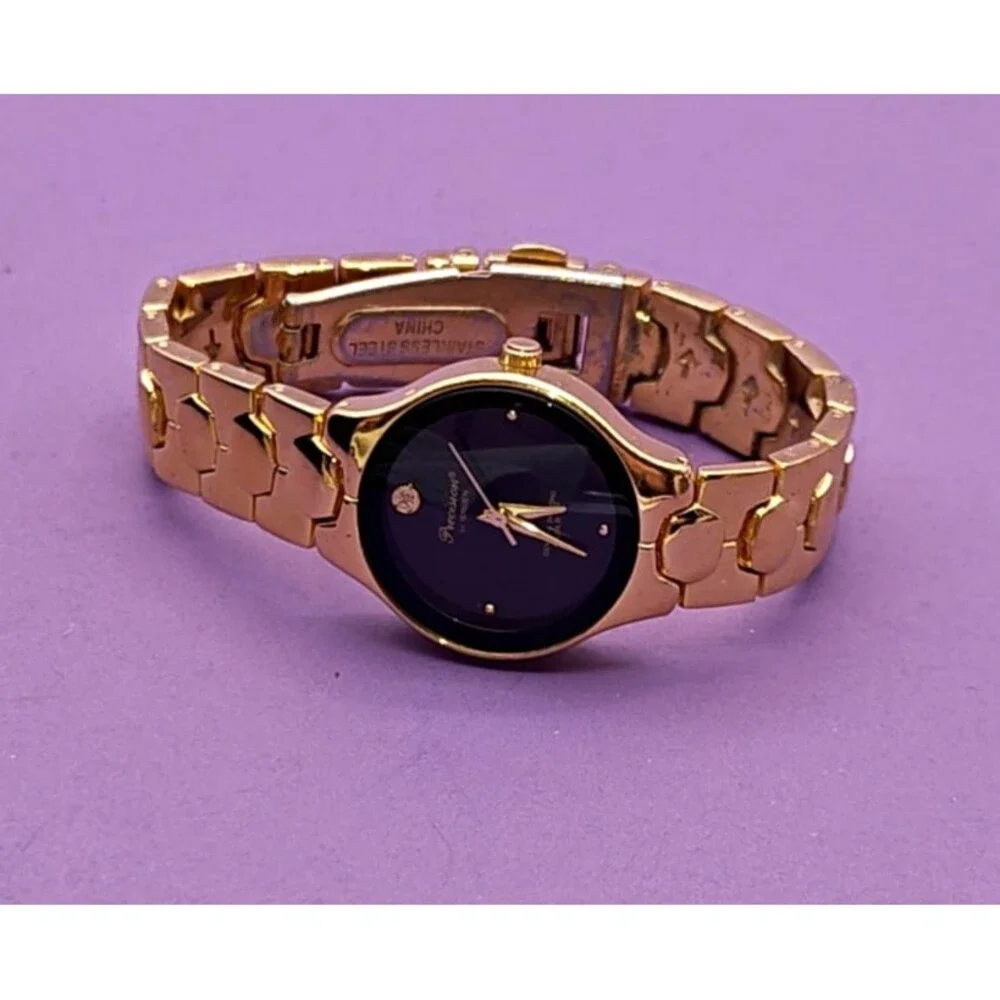Precision by Gruen Diamond Watch Womens 27mm Gold Tone Black Dial Tested Working